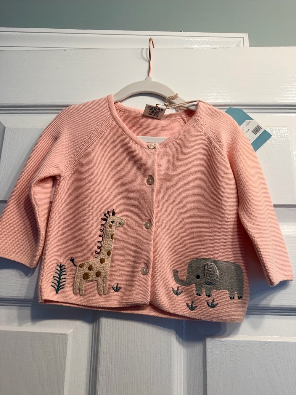 Baby Girls' Blush Pink Animal Knit Cardigan - Embroidered Giraffe & Elephant
